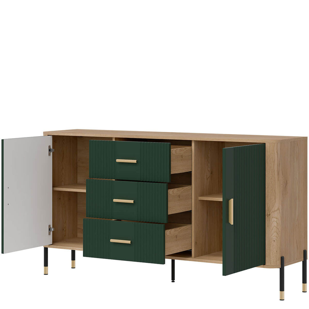 Фото вигляду справа наповнення комода DANTE LIVEO DT06 дуб кремона торро / зелений / золоті ручки