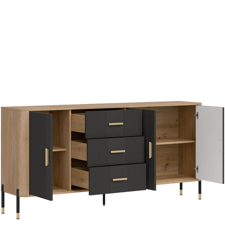 Фото вигляду зліва наповнення комода DANTE LIVEO DT07 дуб кремона торро / антрацит / золоті ручки