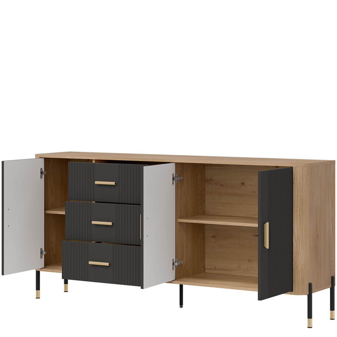 Фото вигляду справа наповнення комода DANTE LIVEO DT07 дуб кремона торро / антрацит / золоті ручки