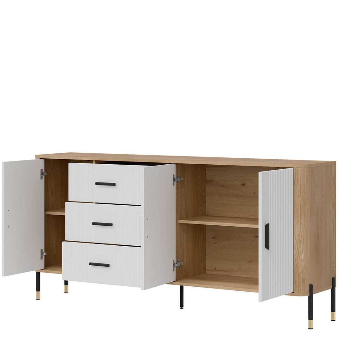 Фото вигляду справа наповнення комода DANTE LIVEO DT07 дуб кремона торро / білий / чорні ручки