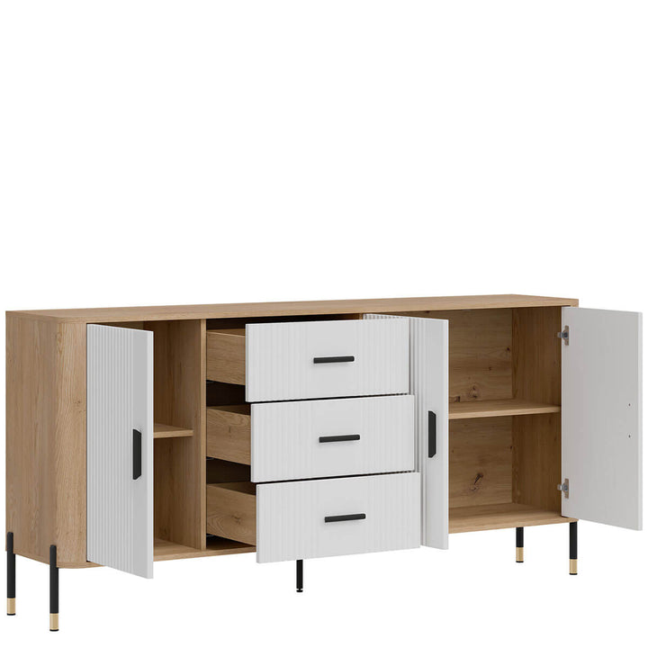 Фото вигляду зліва наповнення комода DANTE LIVEO DT07 дуб кремона торро / білий / чорні ручки