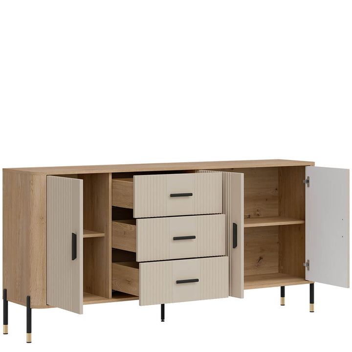 Фото вигляду зліва наповнення комода DANTE LIVEO DT07 дуб кремона торро / кашемір / чорні ручки