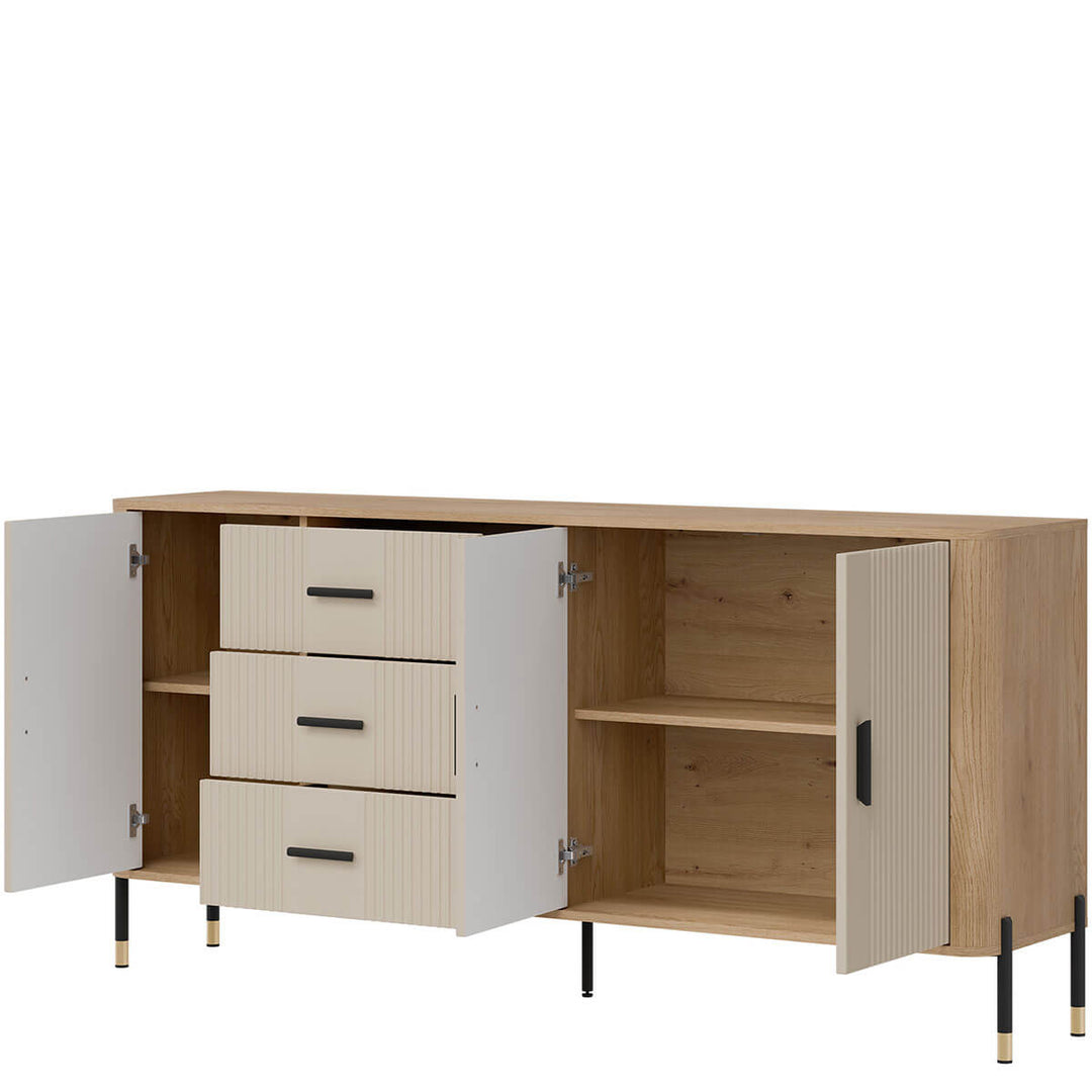 Фото вигляду справа наповнення комода DANTE LIVEO DT07 дуб кремона торро / кашемір / чорні ручки