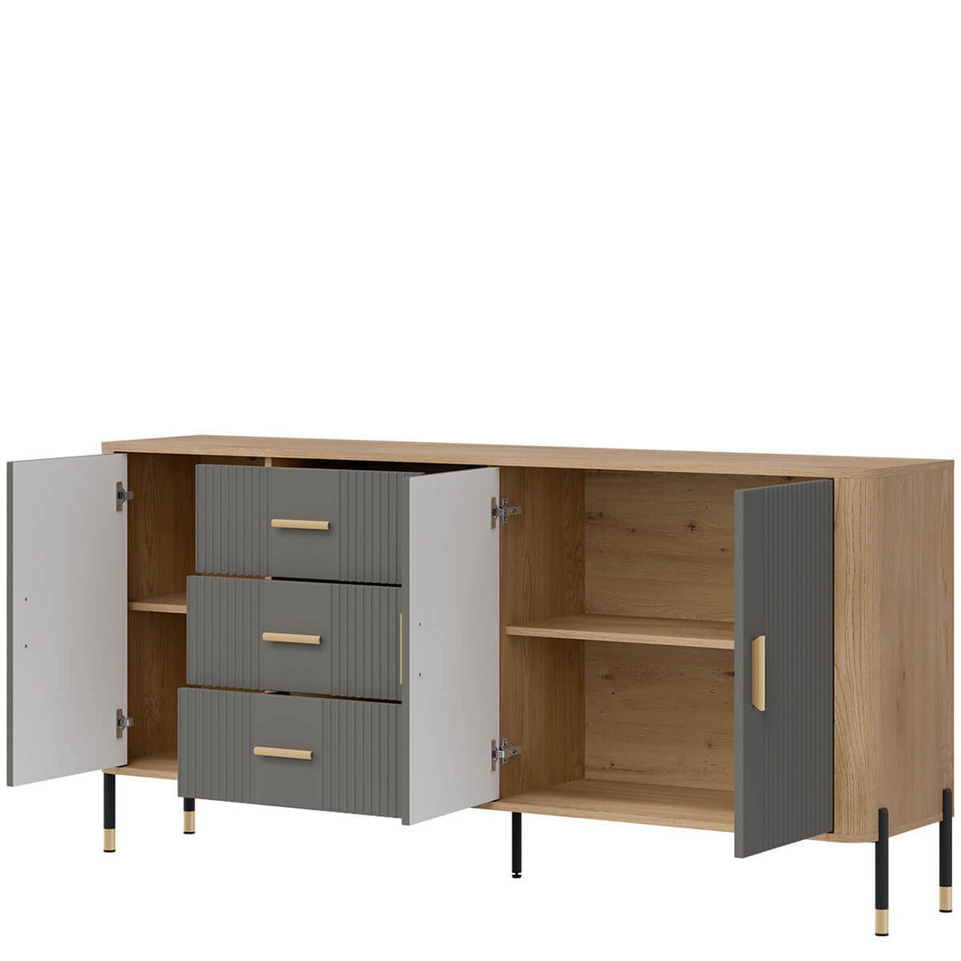 Фото вигляду справа наповнення комода DANTE LIVEO DT07 дуб кремона торро / сірий / золоті ручки