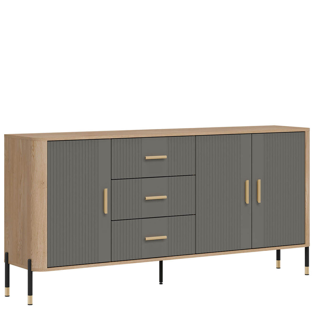 Фото вигляду зліва комода DANTE LIVEO DT07 дуб кремона торро / сірий / золоті ручки