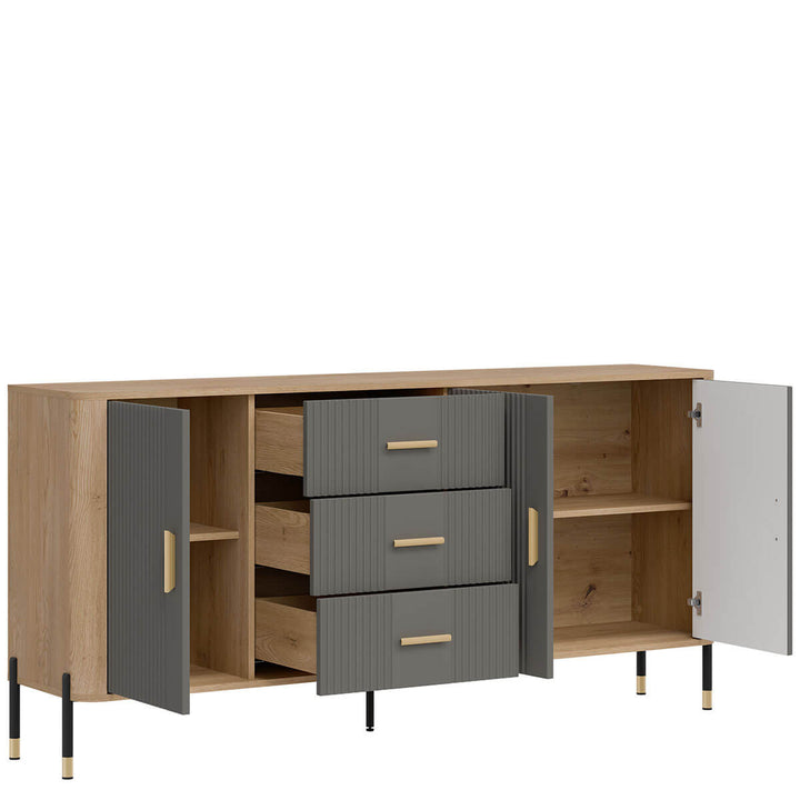 Фото вигляду зліва наповнення комода DANTE LIVEO DT07 дуб кремона торро / сірий / золоті ручки