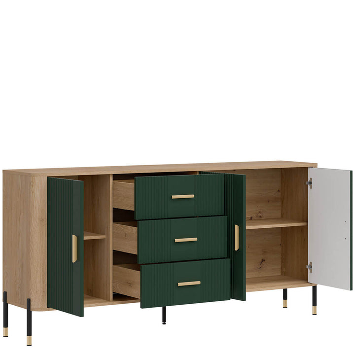 Фото вигляду зліва наповнення комода DANTE LIVEO DT07 дуб кремона торро / зелений / золоті ручки