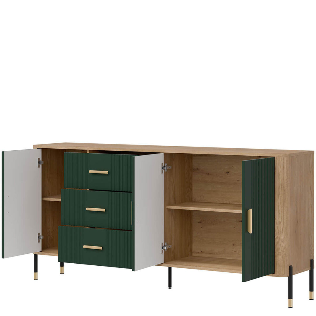 Фото вигляду справа наповнення комода DANTE LIVEO DT07 дуб кремона торро / зелений / золоті ручки