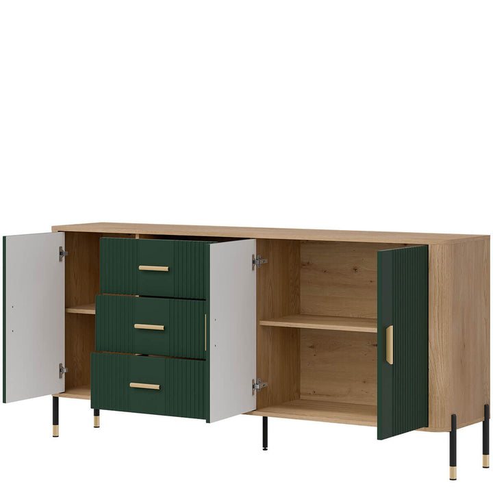 Фото вигляду справа наповнення комода DANTE LIVEO DT07 дуб кремона торро / зелений / золоті ручки