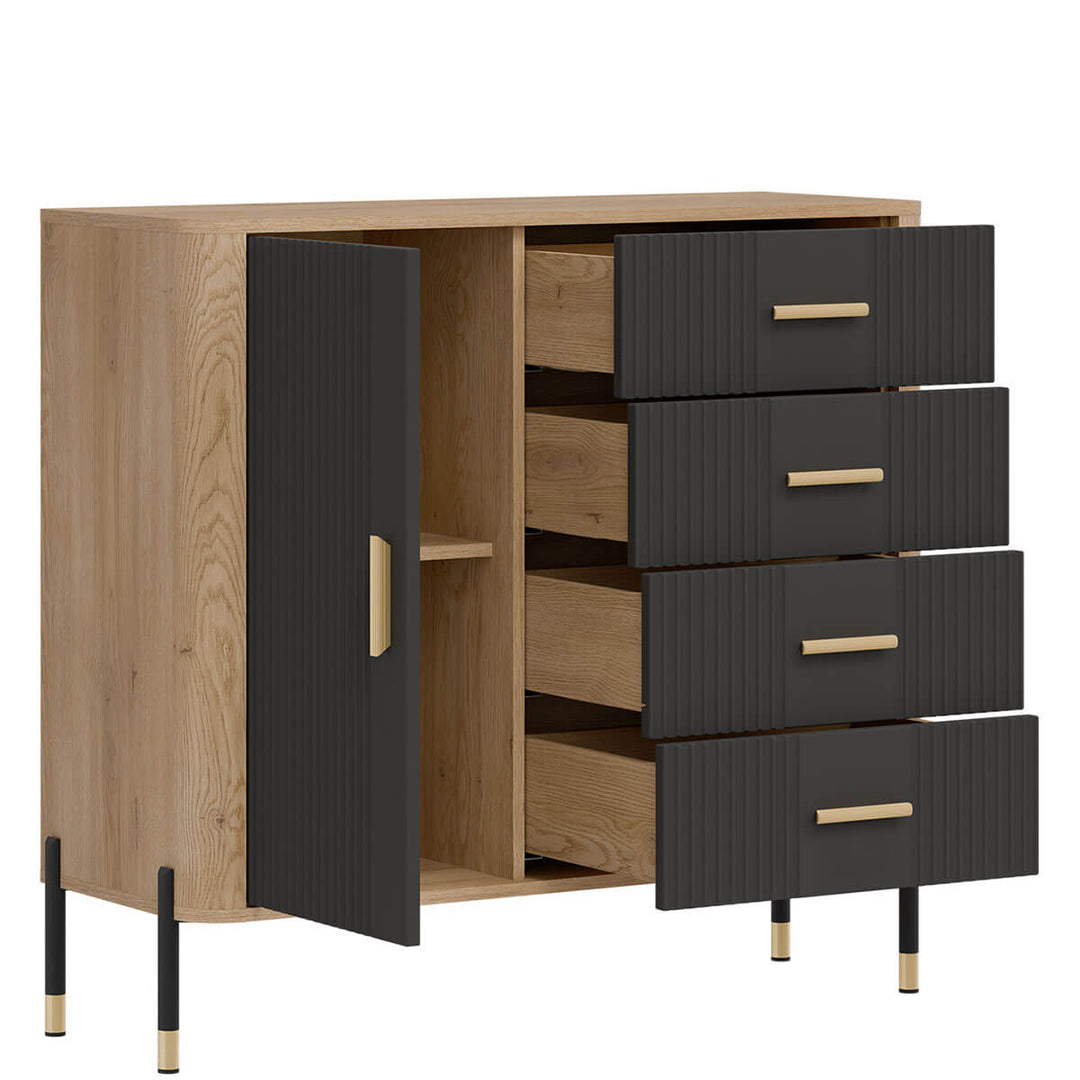 Фото вигляду зліва наповнення комода DANTE LIVEO DT08 дуб кремона торро / антрацит / золоті ручки