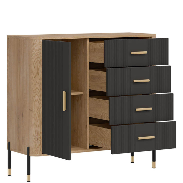 Фото вигляду зліва наповнення комода DANTE LIVEO DT08 дуб кремона торро / антрацит / золоті ручки