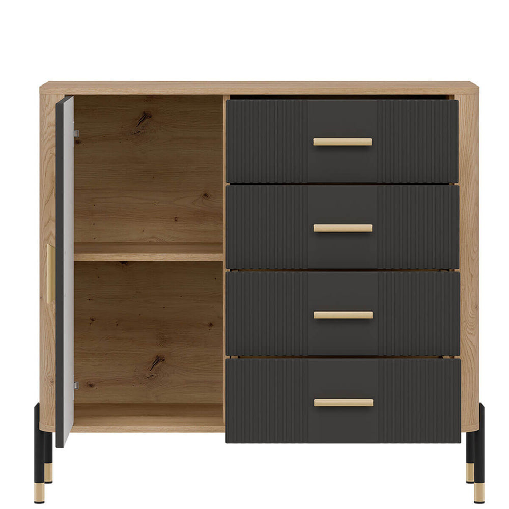 Фото наповнення комода DANTE LIVEO DT08 дуб кремона торро / антрацит / золоті ручки