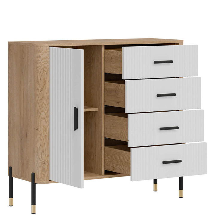 Фото вигляду зліва наповнення комода DANTE LIVEO DT08 дуб кремона торро / білий / чорні ручки