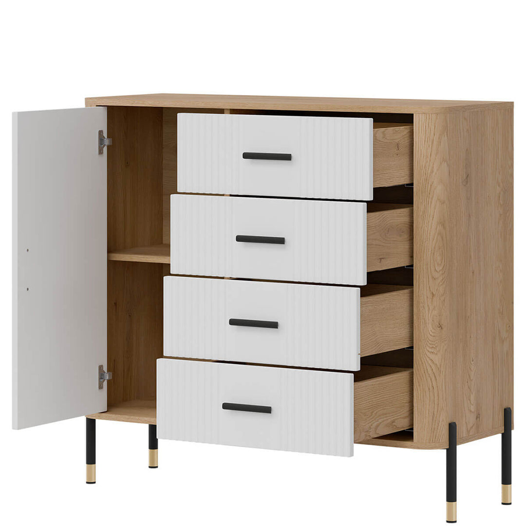 Фото вигляду справа наповнення комода DANTE LIVEO DT08 дуб кремона торро / білий / чорні ручки