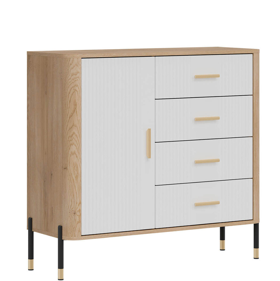 Фото вигляду зліва комода DANTE LIVEO DT08 дуб кремона торро / білий / золоті ручки