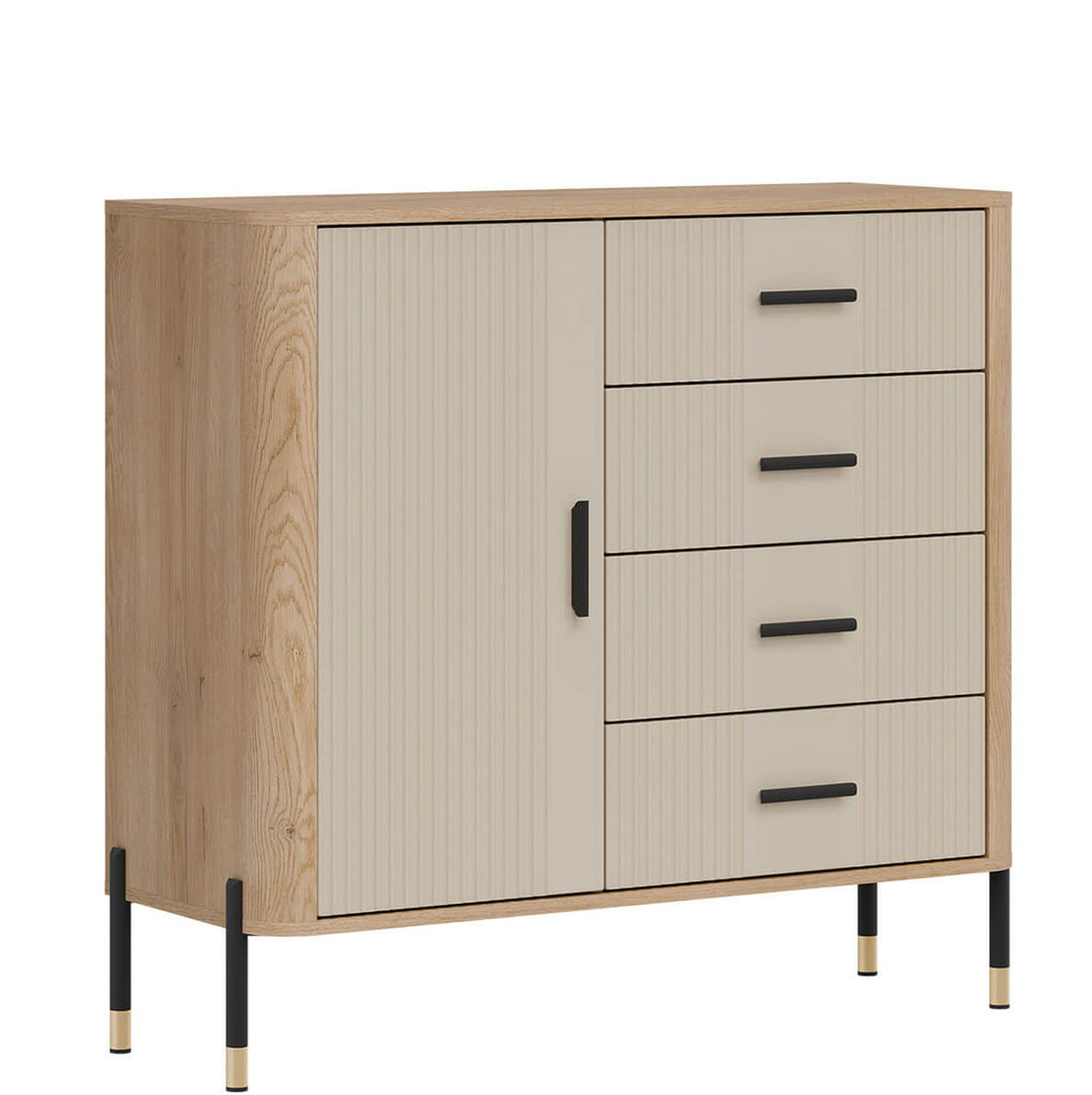 Фото вигляду зліва комода DANTE LIVEO DT08 дуб кремона торро / кашемір / чорні ручки