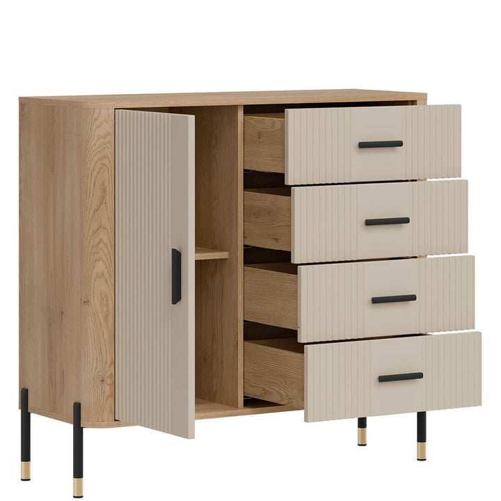 Фото вигляду зліва наповнення комода DANTE LIVEO DT08 дуб кремона торро / кашемір / чорні ручки