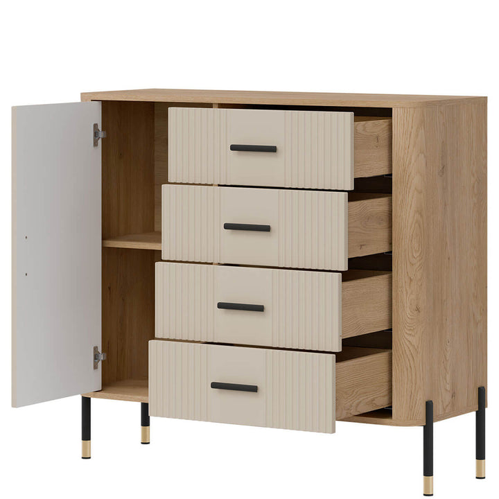 Фото вигляду справа наповнення комода DANTE LIVEO DT08 дуб кремона торро / кашемір / чорні ручки