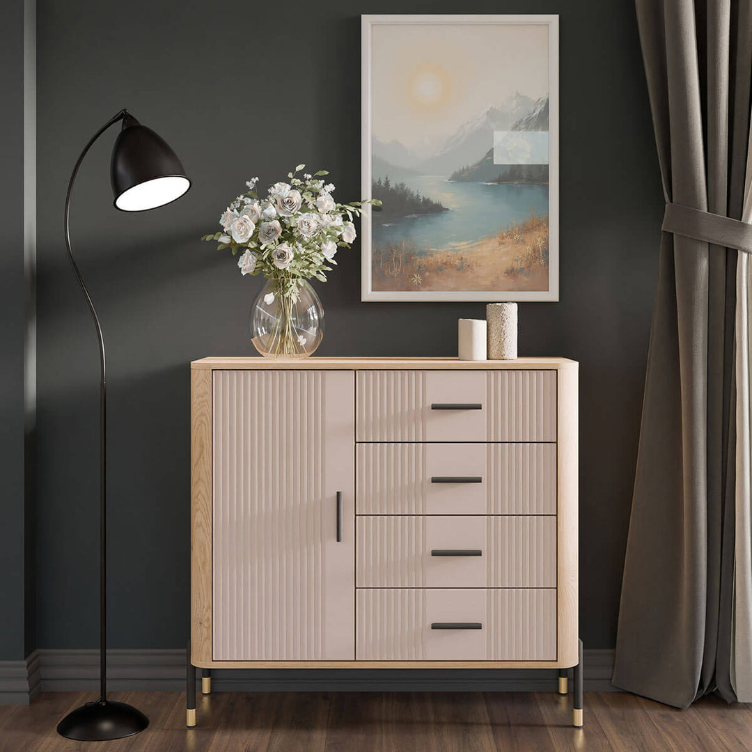 Фото комода DANTE LIVEO DT08 дуб кремона торро / кашемір / чорні ручки в інтер'єрі