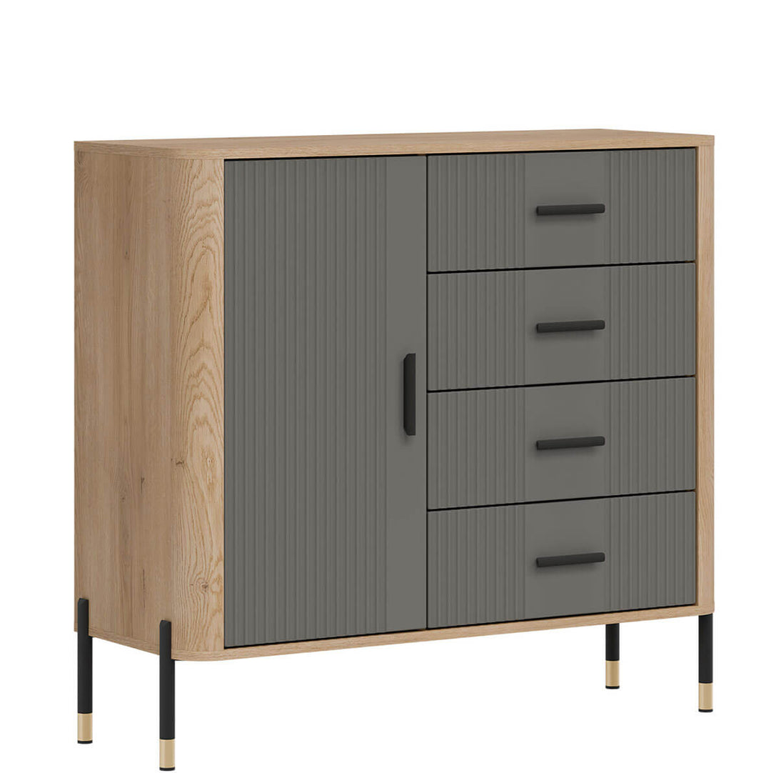 Фото вигляду зліва комода DANTE LIVEO DT08 дуб кремона торро / сірий / чорні ручки