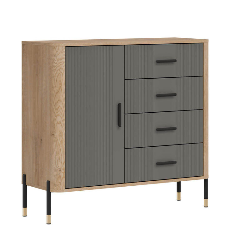 Фото вигляду зліва комода DANTE LIVEO DT08 дуб кремона торро / сірий / чорні ручки