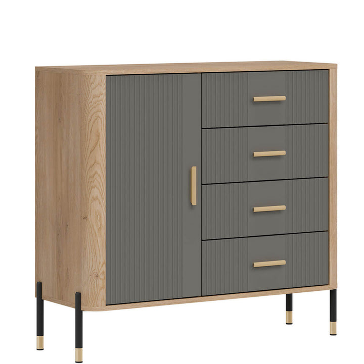 Фото вигляду зліва комода DANTE LIVEO DT08 дуб кремона торро / сірий / золоті ручки
