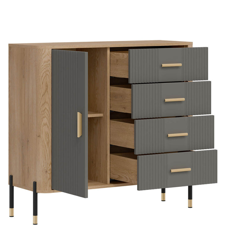 Фото вигляду зліва наповнення комода DANTE LIVEO DT08 дуб кремона торро / сірий / золоті ручки