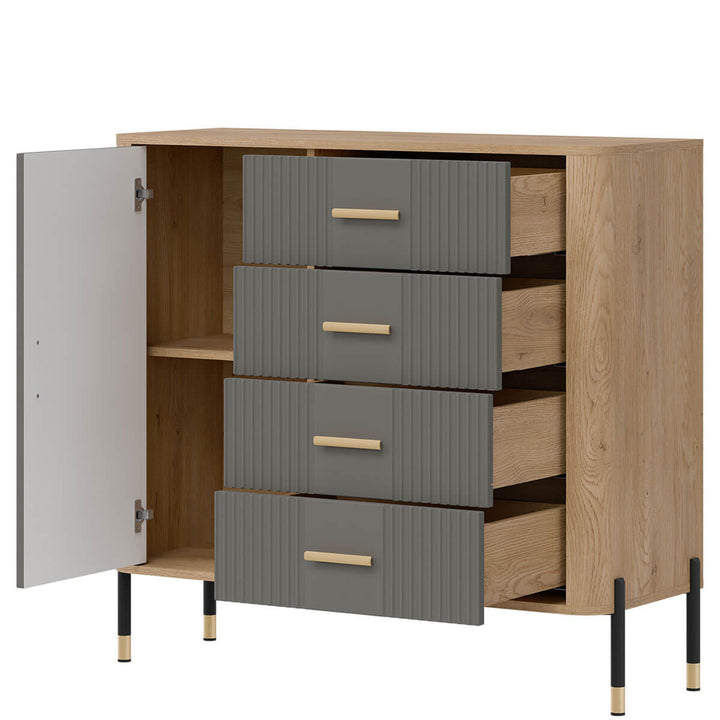 Фото вигляду справа наповнення комода DANTE LIVEO DT08 дуб кремона торро / сірий / золоті ручки