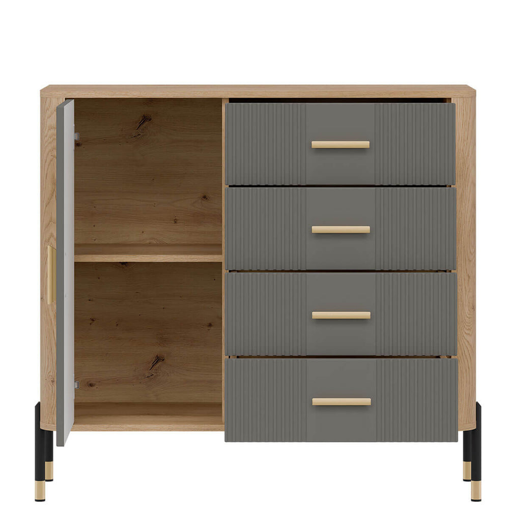 Фото наповнення комода DANTE LIVEO DT08 дуб кремона торро / сірий / золоті ручки