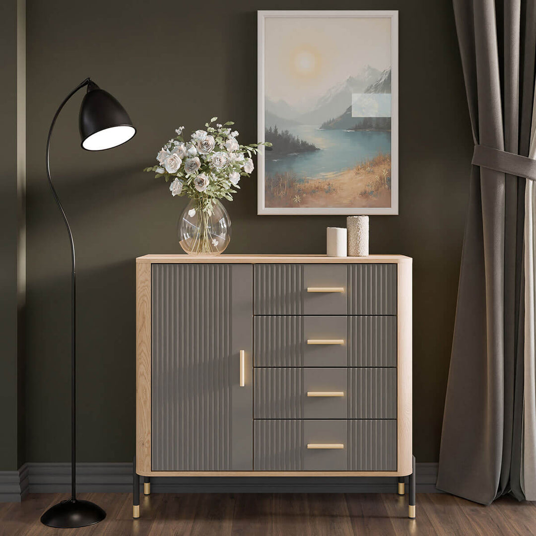 Фото комода DANTE LIVEO DT08 дуб кремона торро / сірий / золоті ручки в інтер'єрі