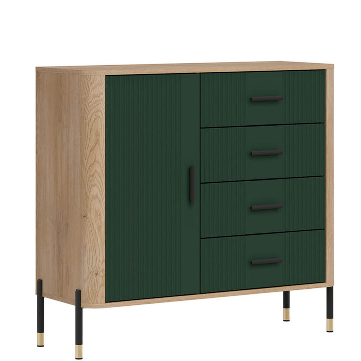 Фото вигляду зліва комода DANTE LIVEO DT08 дуб кремона торро / зелений / чорні ручки