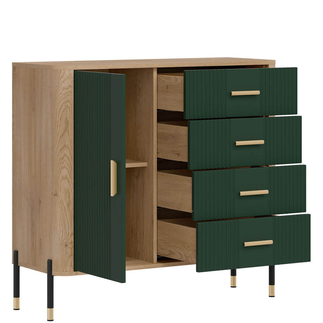 Фото вигляду зліва наповнення комода DANTE LIVEO DT08 дуб кремона торро / зелений / золоті ручки