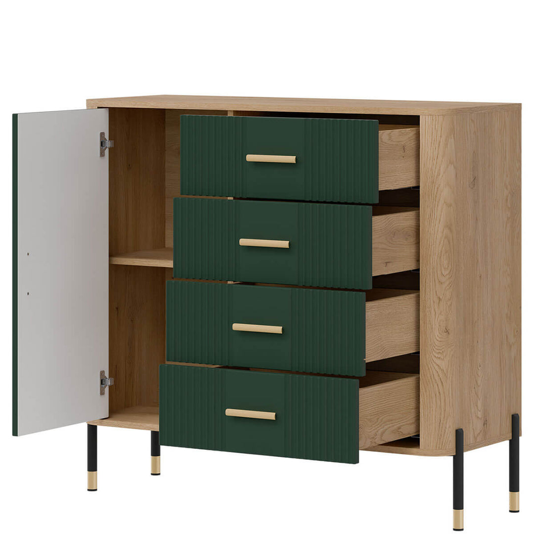 Фото вигляду справа наповнення комода DANTE LIVEO DT08 дуб кремона торро / зелений / золоті ручки