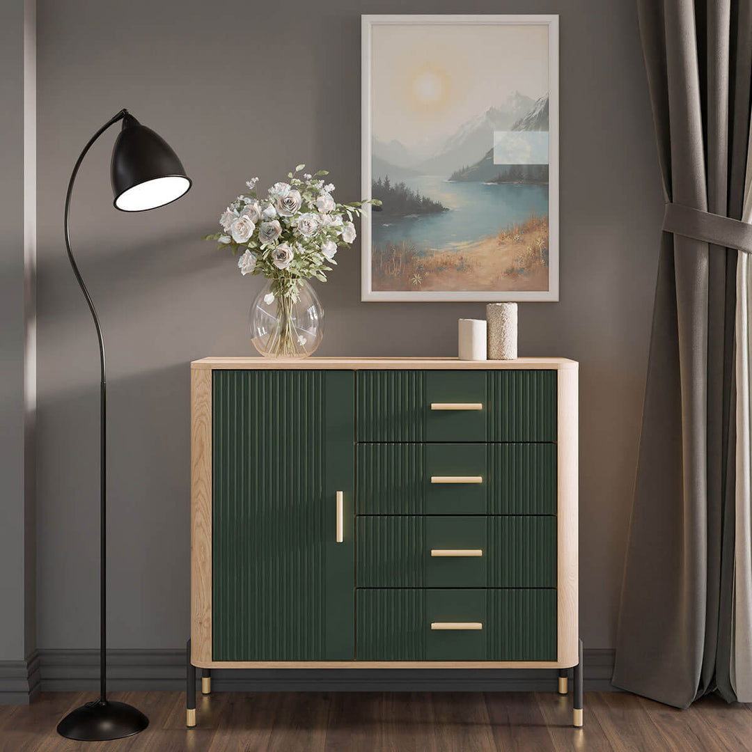 Фото комода DANTE LIVEO DT08 дуб кремона торро / зелений / золоті ручки в інтер'єрі