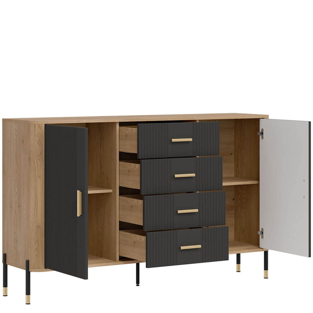 Фото вигляду зліва наповнення комода DANTE LIVEO DT09 дуб кремона торро / антрацит / золоті ручки