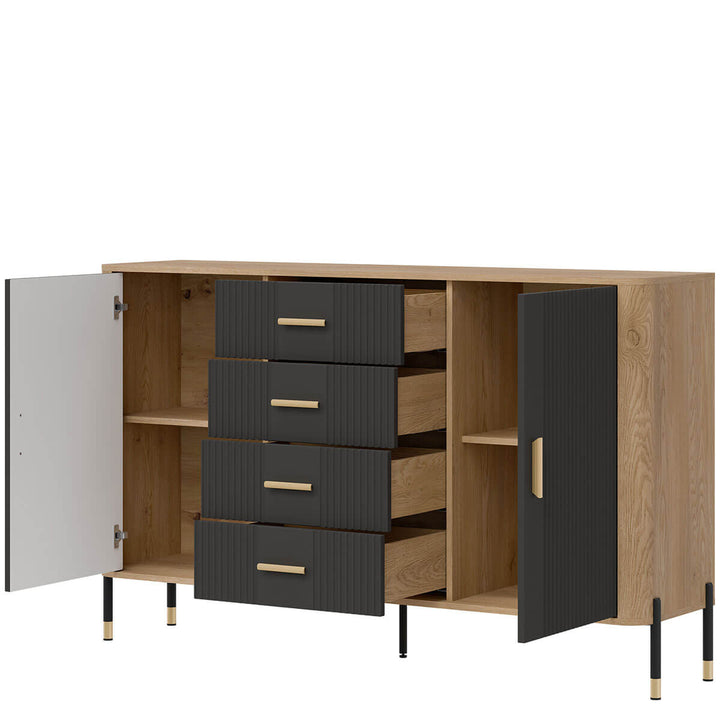 Фото вигляду справа наповнення комода DANTE LIVEO DT09 дуб кремона торро / антрацит / золоті ручки