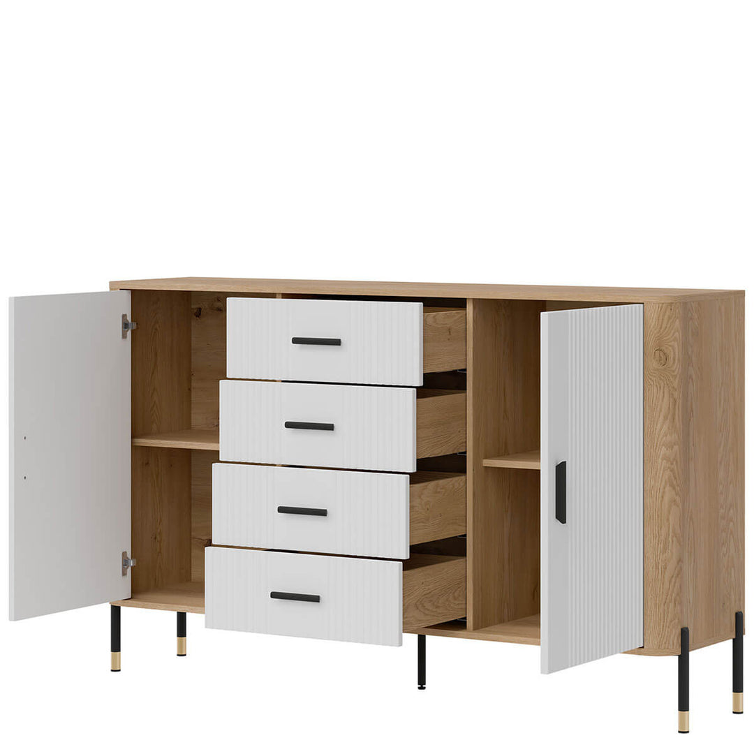 Фото вигляду справа наповнення комода DANTE LIVEO DT09 дуб кремона торро / білий / чорні ручки