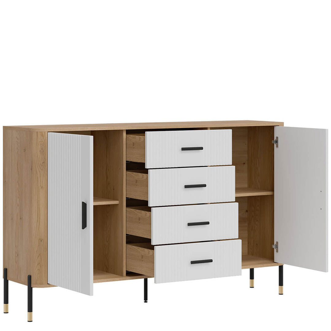 Фото вигляду зліва наповнення комода DANTE LIVEO DT09 дуб кремона торро / білий / чорні ручки