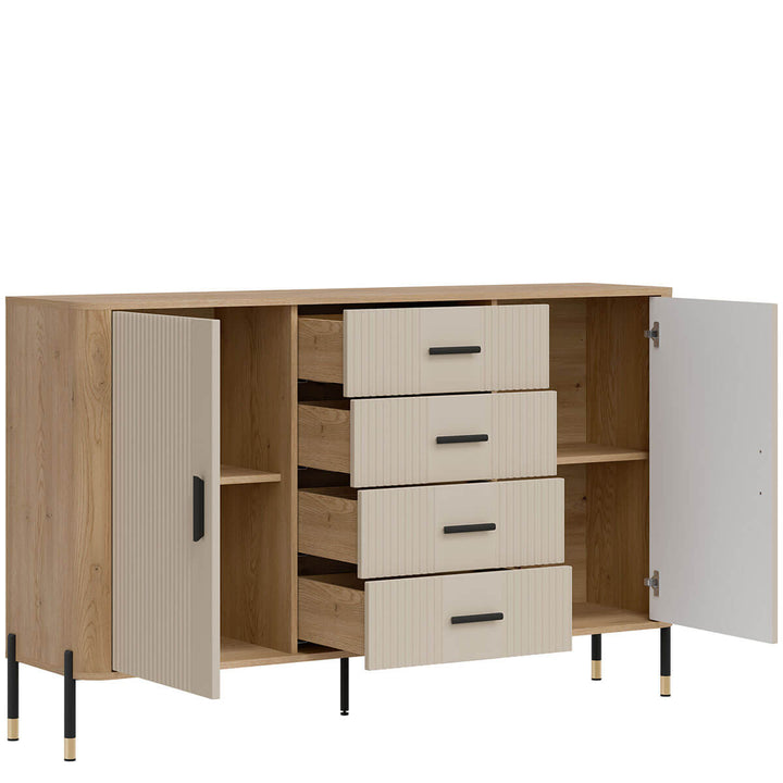 Фото вигляду зліва наповнення комода DANTE LIVEO DT09 дуб кремона торро / кашемір / чорні ручки