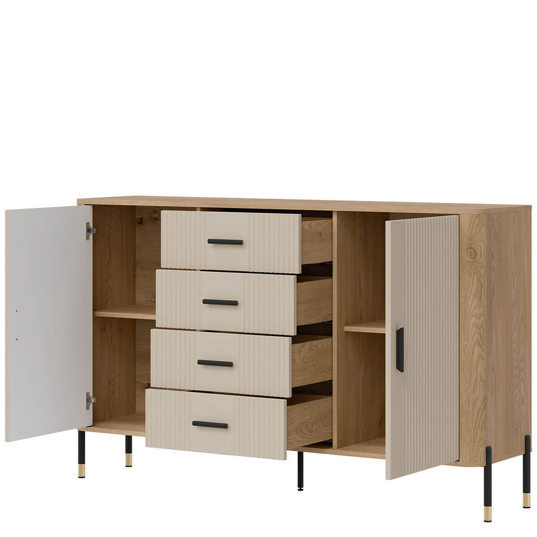 Фото вигляду справа наповнення комода DANTE LIVEO DT09 дуб кремона торро / кашемір / чорні ручки