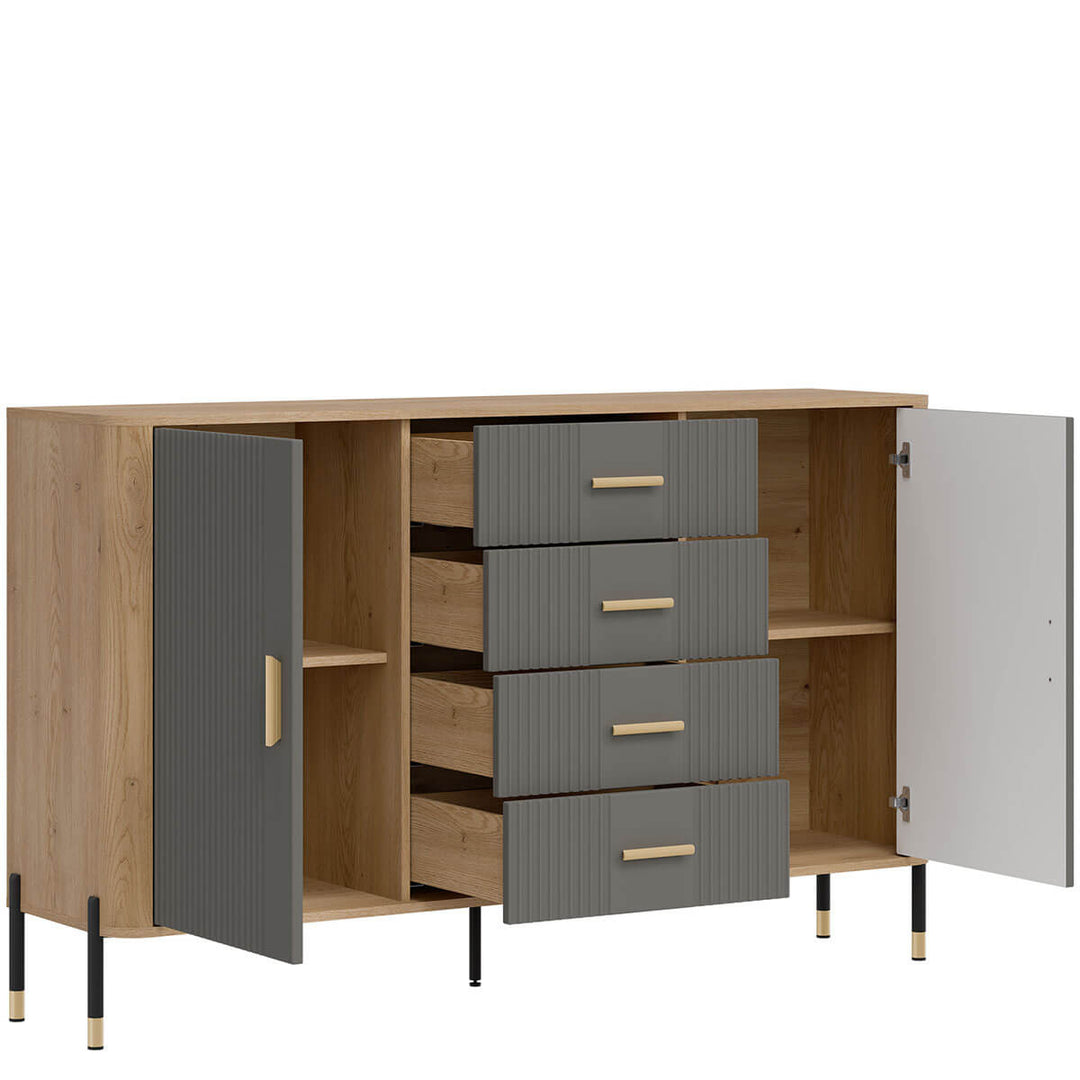 Фото вигляду зліва наповнення комода DANTE LIVEO DT09 дуб кремона торро / сірий / золоті ручки