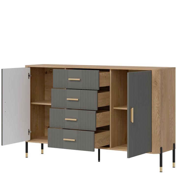 Фото вигляду справа наповнення комода DANTE LIVEO DT09 дуб кремона торро / сірий / золоті ручки