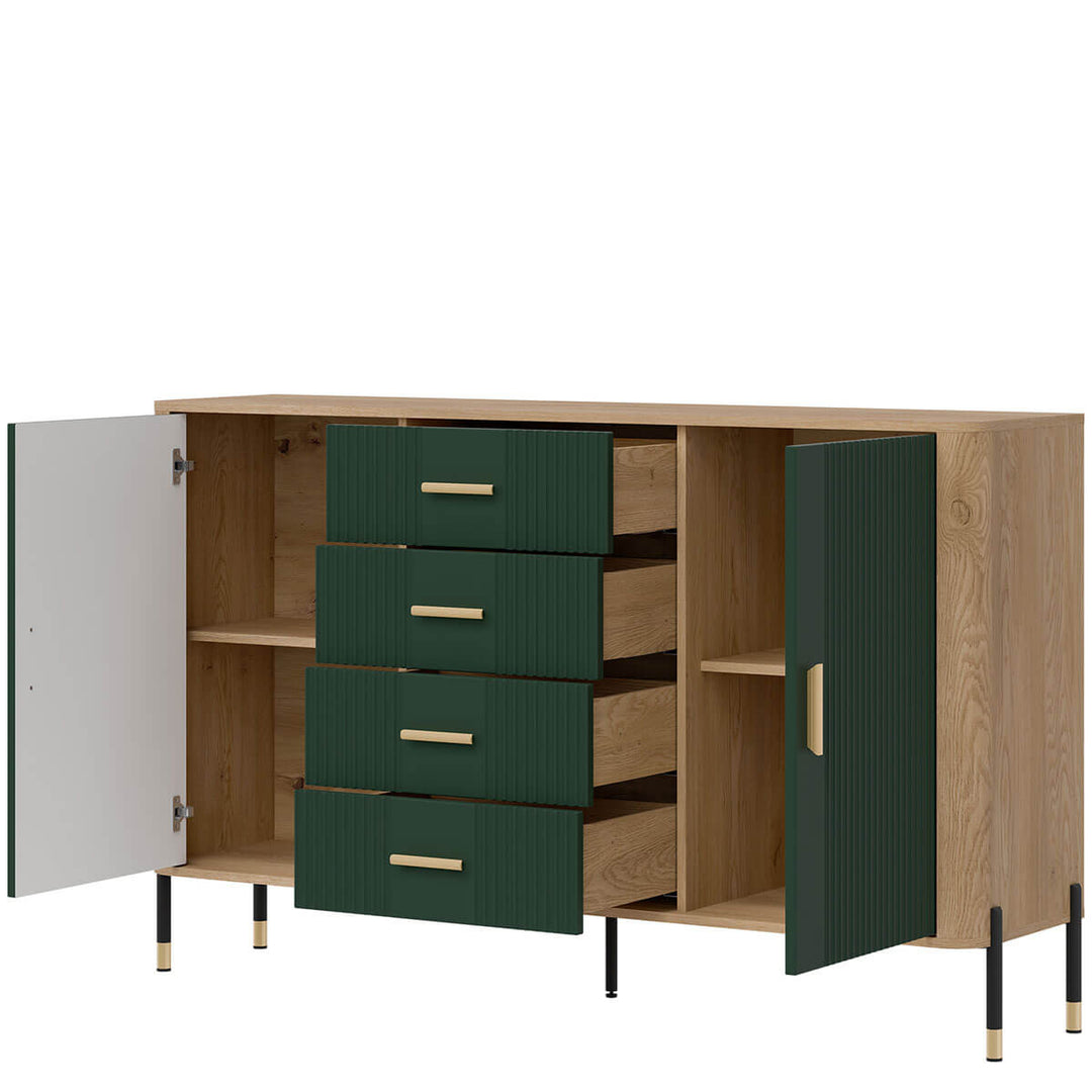 Фото вигляду справа наповнення комода DANTE LIVEO DT09 дуб кремона торро / зелений / золоті ручки