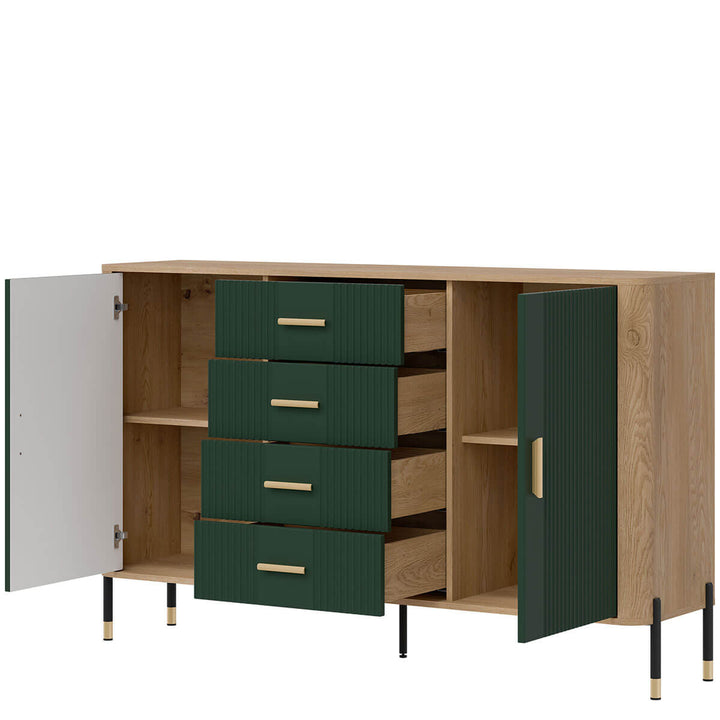 Фото вигляду справа наповнення комода DANTE LIVEO DT09 дуб кремона торро / зелений / золоті ручки