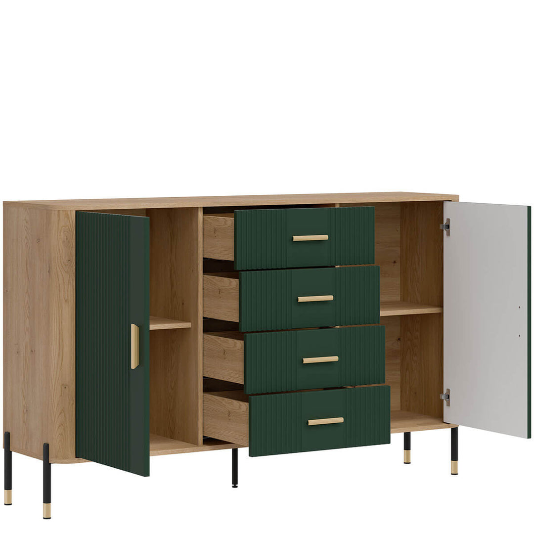 Фото вигляду зліва наповнення комода DANTE LIVEO DT09 дуб кремона торро / зелений / золоті ручки