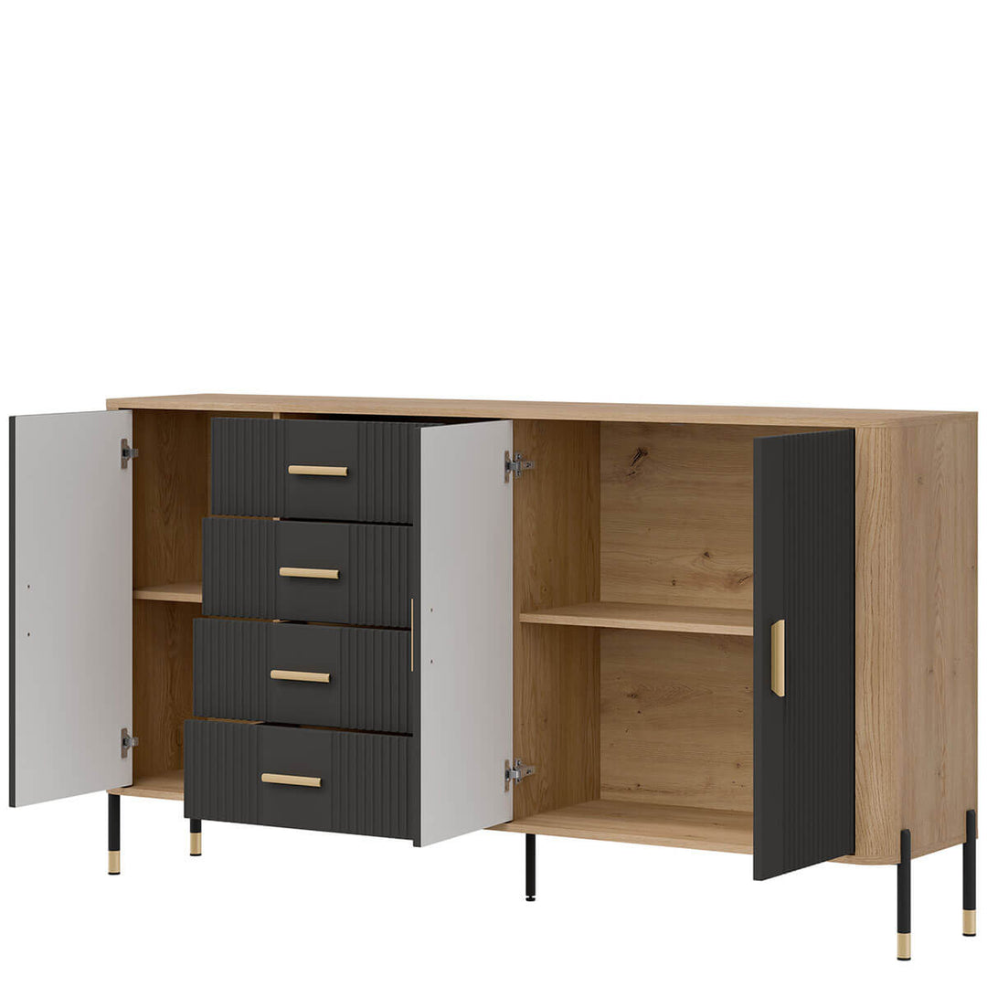 Фото вигляду справа наповнення комода DANTE LIVEO DT10 дуб кремона торро / антрацит / золоті ручки