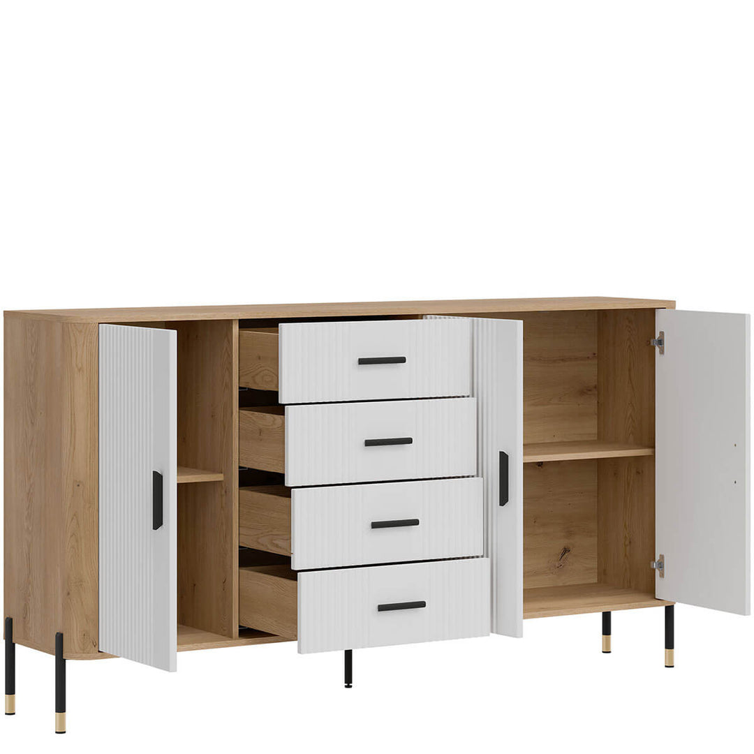 Фото вигляду зліва наповнення комода DANTE LIVEO DT10 дуб кремона торро / білий / чорні ручки