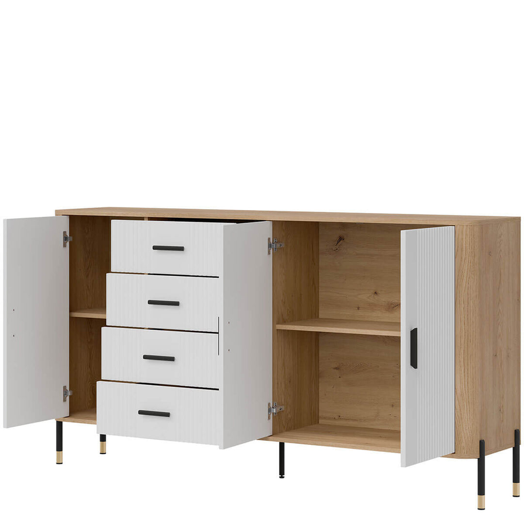 Фото вигляду справа наповнення комода DANTE LIVEO DT10 дуб кремона торро / білий / чорні ручки