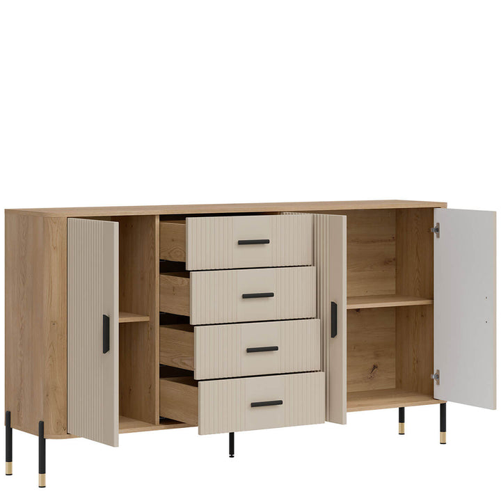 Фото вигляду зліва наповнення комода DANTE LIVEO DT10 дуб кремона торро / кашемір / чорні ручки