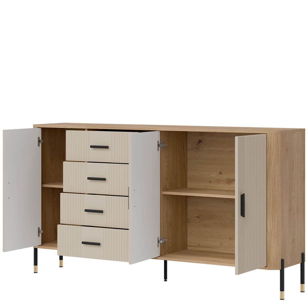 Фото вигляду справа наповнення комода DANTE LIVEO DT10 дуб кремона торро / кашемір / чорні ручки